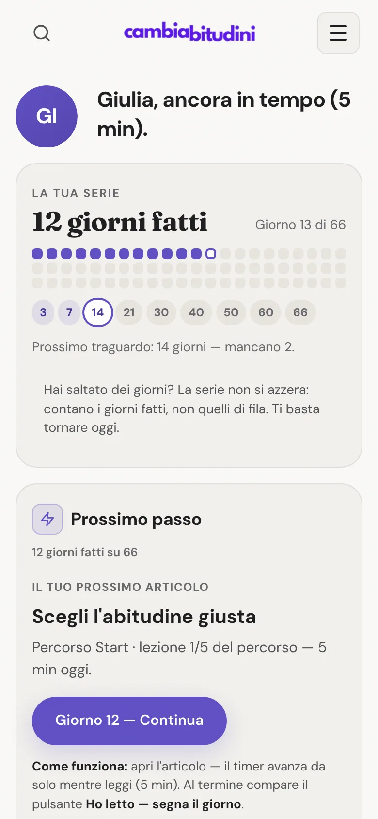 La dashboard su telefono: 12 giorni fatti su 66, la mappa dei quadratini e il pulsante per leggere il passo di oggi