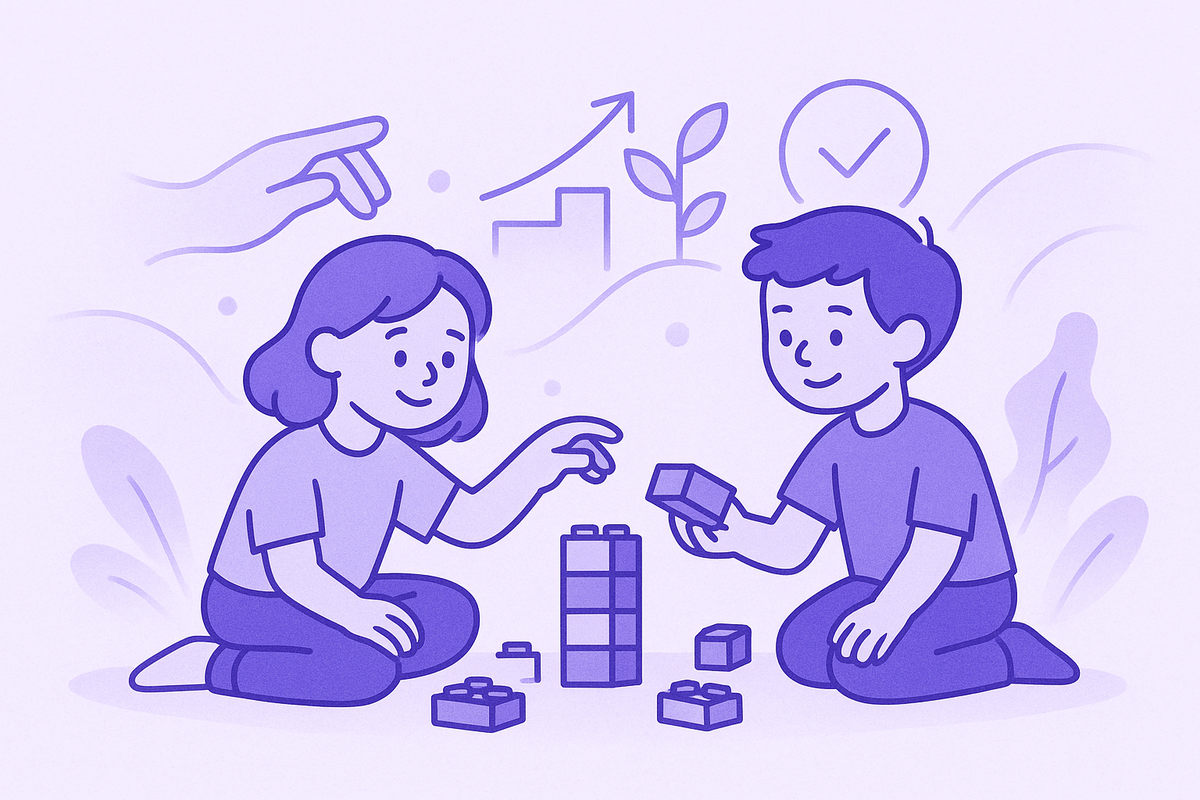 Illustrazione minimalista di un bambino e una bambina che giocano con grandi mattoncini Lego, simbolo della creatività infantile e dello stato di flow in cui il tempo vola.