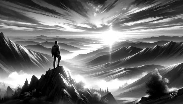 Persona in cima a una montagna che guarda l'alba, simbolo di crescita personale e saggezza."