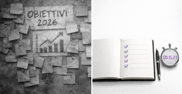 Sistema di tracciamento obiettivi con metriche concrete su lavagna, calendario azioni quotidiane e grafici performance